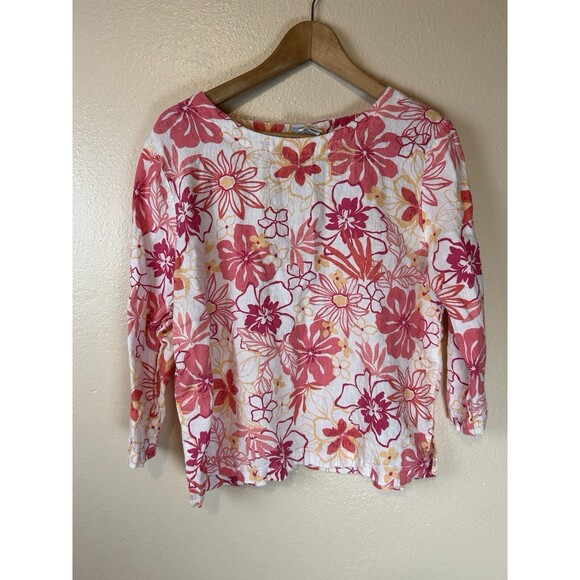 Hot Cotton M 100% Linen Top Blouse Boxy Oversized Lagenlook Floral Hippie Loose - Picture 1 of 4